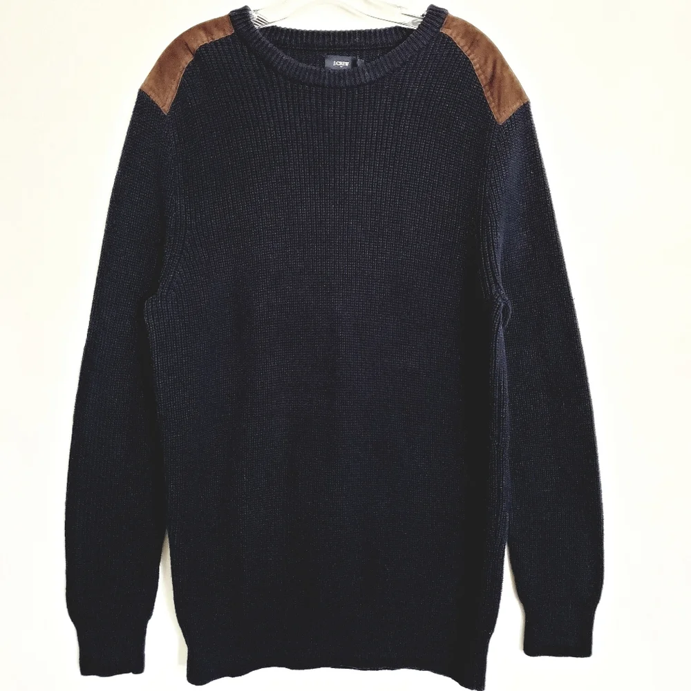 J.CREW Navy Longsleeve Ribbed Knit Sweater Faux Suede Patch Shoulders